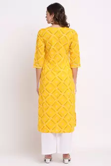 Yellow printed cotton ethnic-kurtis