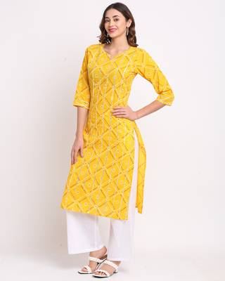 Yellow printed cotton ethnic-kurtis 3