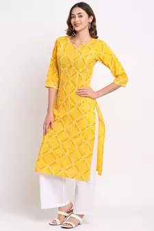 Yellow printed cotton ethnic-kurtis
