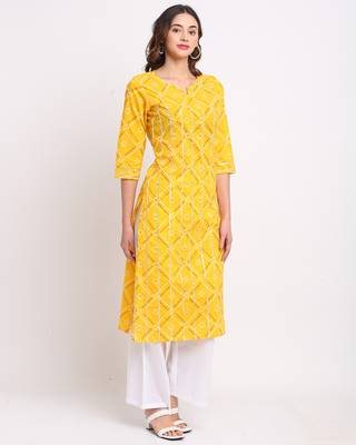 Yellow printed cotton ethnic-kurtis 4