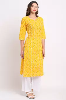 Yellow printed cotton ethnic-kurtis