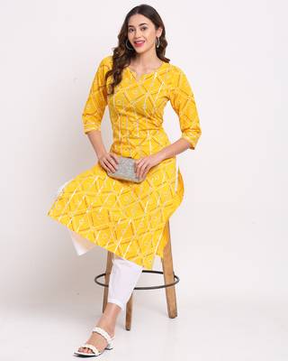 Yellow printed cotton ethnic-kurtis 5