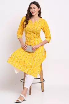 Yellow printed cotton ethnic-kurtis