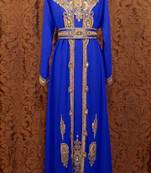 Blue Zari Stone Work Georgette Islamic Style Beads Embedded Partywear Kaftan Long Gown Evening wear Dubai kaftan