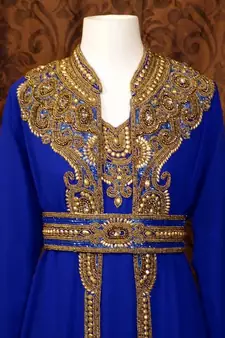 Blue Zari Stone Work Georgette Islamic Style Beads Embedded Partywear Kaftan Long Gown Evening wear Dubai kaftan