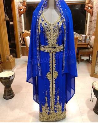 Blue Zari Stone Work Georgette Islamic Style Beads Embedded Partywear Kaftan Long Gown Evening wear Dubai kaftan 3