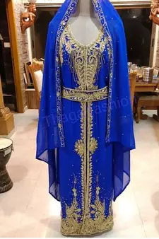 Blue Zari Stone Work Georgette Islamic Style Beads Embedded Partywear Kaftan Long Gown Evening wear Dubai kaftan