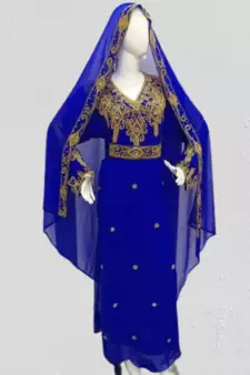 Blue Zari Stone Work Georgette Islamic Style Beads Embedded Partywear Kaftan Long Gown Evening wear Dubai kaftan
