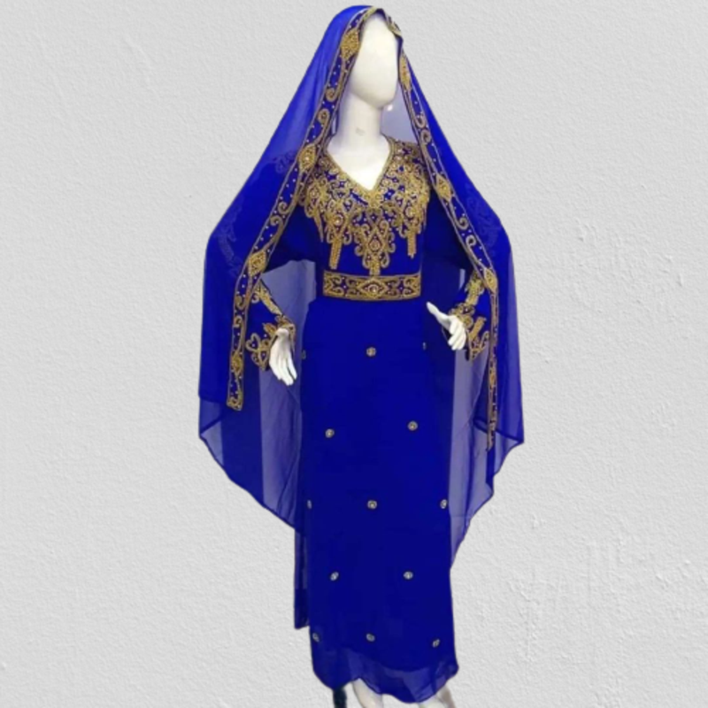 Blue Zari Stone Work Georgette Islamic Style Beads Embedded Partywear Kaftan Long Gown Evening wear Dubai kaftan