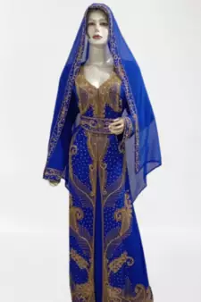 Blue Zari Stone Work Georgette Islamic Style Beads Embedded Partywear Kaftan Long Gown Evening wear Dubai kaftan
