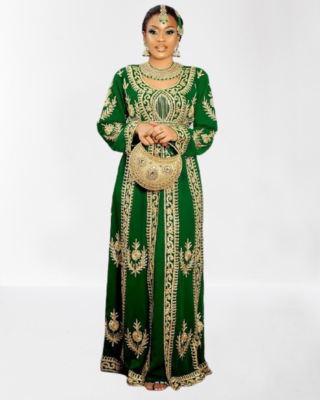 Green Zari Stone Work Georgette Islamic Style Beads Embedded Partywear Kaftan Long Gown Evening wear Dubai kaftan 1