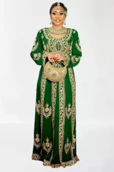 Green Zari Stone Work Georgette Islamic Style Beads Embedded Partywear Kaftan Long Gown Evening wear Dubai kaftan