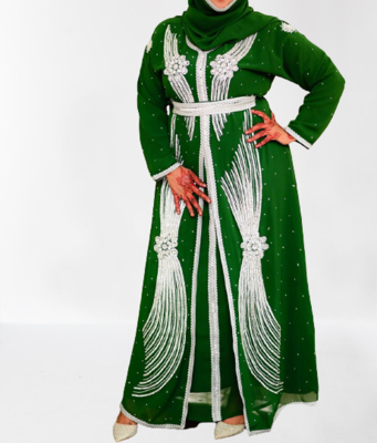 Green Zari Stone Work Georgette Islamic Style Beads Embedded Partywear Kaftan Long Gown Evening wear Dubai kaftan 2