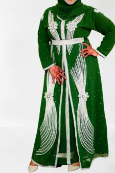 Green Zari Stone Work Georgette Islamic Style Beads Embedded Partywear Kaftan Long Gown Evening wear Dubai kaftan