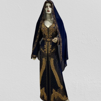 Navy Blue Zari Stone Work Georgette Islamic Style Beads Embedded Partywear Kaftan Long Gown Evening wear Dubai kaftan 1