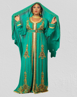 Teal Green Zari Stone Work Georgette Islamic Style Beads Embedded Partywear Kaftan Long Gown Evening wear Dubai kaftan 1