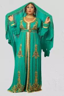 Teal Green Zari Stone Work Georgette Islamic Style Beads Embedded Partywear Kaftan Long Gown Evening wear Dubai kaftan