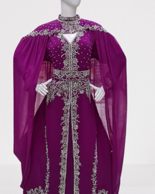 Wine Zari Stone Work Georgette Islamic Style Beads Embedded Partywear Kaftan Long Gown Evening wear Dubai kaftan 1
