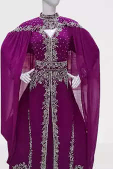 Wine Zari Stone Work Georgette Islamic Style Beads Embedded Partywear Kaftan Long Gown Evening wear Dubai kaftan