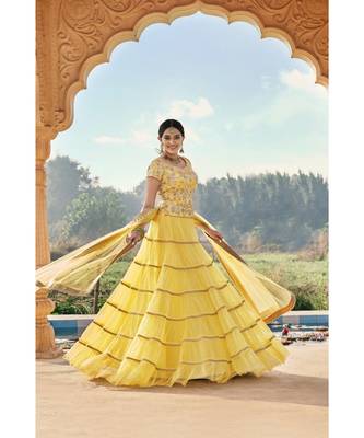 Nakkashi Yellow Soft Net Panelled Lehenga 1