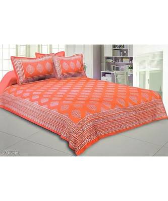 Orange Color Pure Cotton Queen Size Bedsheet Multi pankh Orange 1