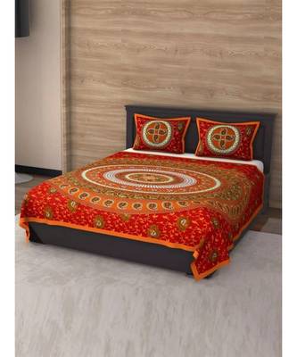 Orange Color Pure Cotton Queen Size Bedsheet Circle fool Orange 2