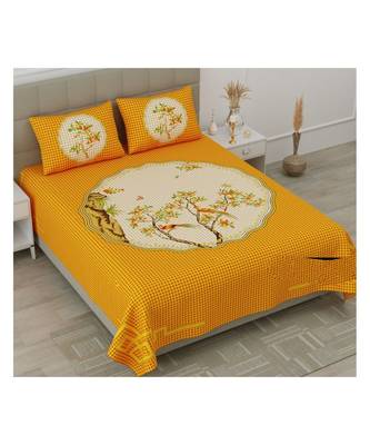 Yellow Color Pure Cotton Queen Size Bedsheet Round tree chidiya yellow 1