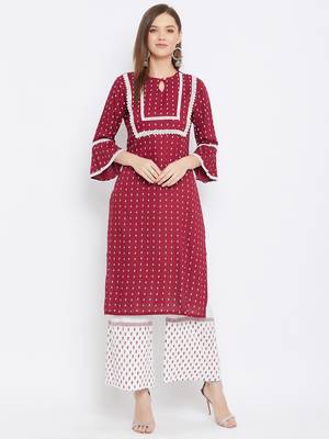 Rayon Printed  3/4th and Flared Sleeves  Calf Length   Kurta with a Pair of Block Printed Rayon Pallazos 1
