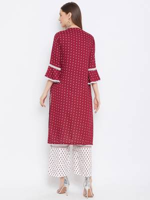 Rayon Printed  3/4th and Flared Sleeves  Calf Length   Kurta with a Pair of Block Printed Rayon Pallazos 2