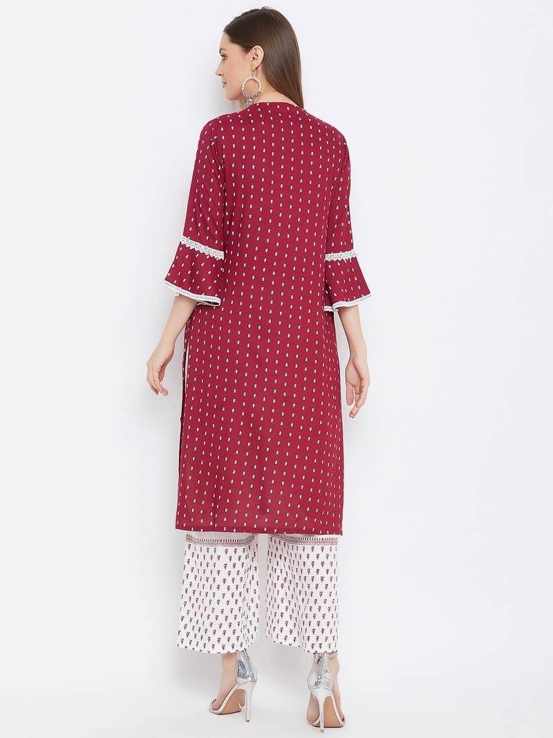 Rayon Printed  3/4th and Flared Sleeves  Calf Length   Kurta with a Pair of Block Printed Rayon Pallazos