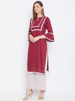 Rayon Printed  3/4th and Flared Sleeves  Calf Length   Kurta with a Pair of Block Printed Rayon Pallazos 3