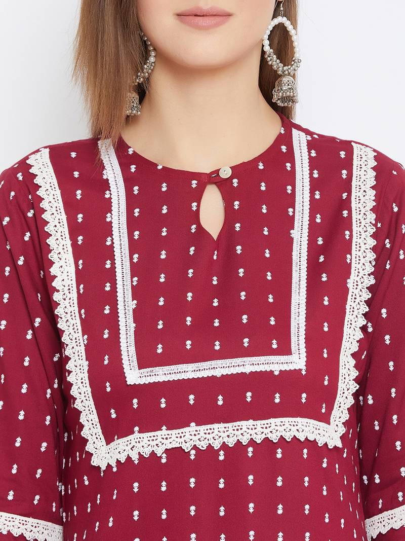 Rayon Printed  3/4th and Flared Sleeves  Calf Length   Kurta with a Pair of Block Printed Rayon Pallazos