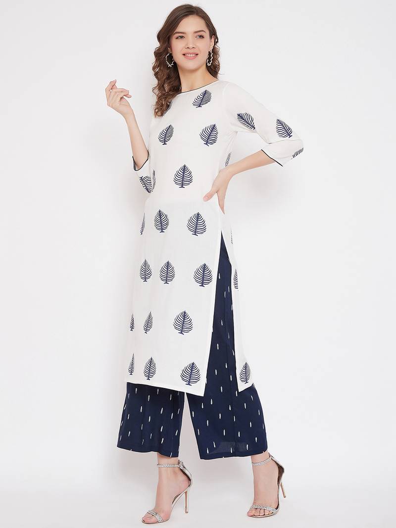 Rayon Printed  3/4th and Flared Sleeves  Calf Length   Kurta with a Pair of Block Printed Rayon Pallazos