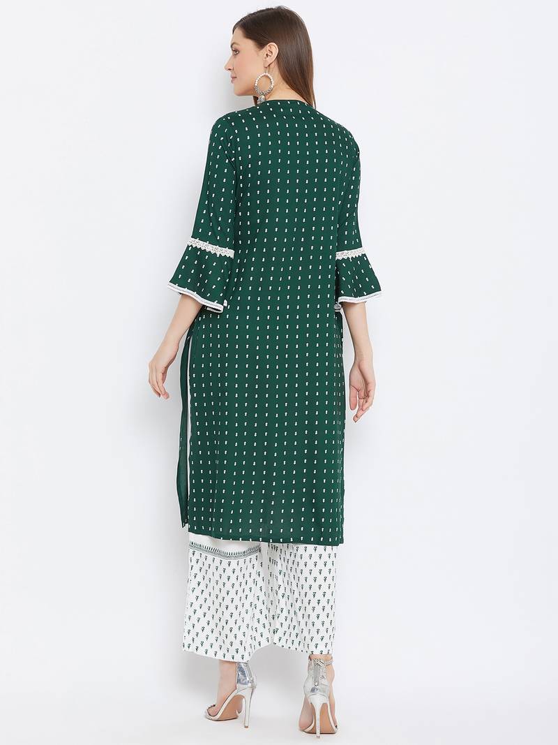 Rayon Printed  3/4th and Flared Sleeves  Calf Length   Kurta with a Pair of Block Printed Rayon Pallazos