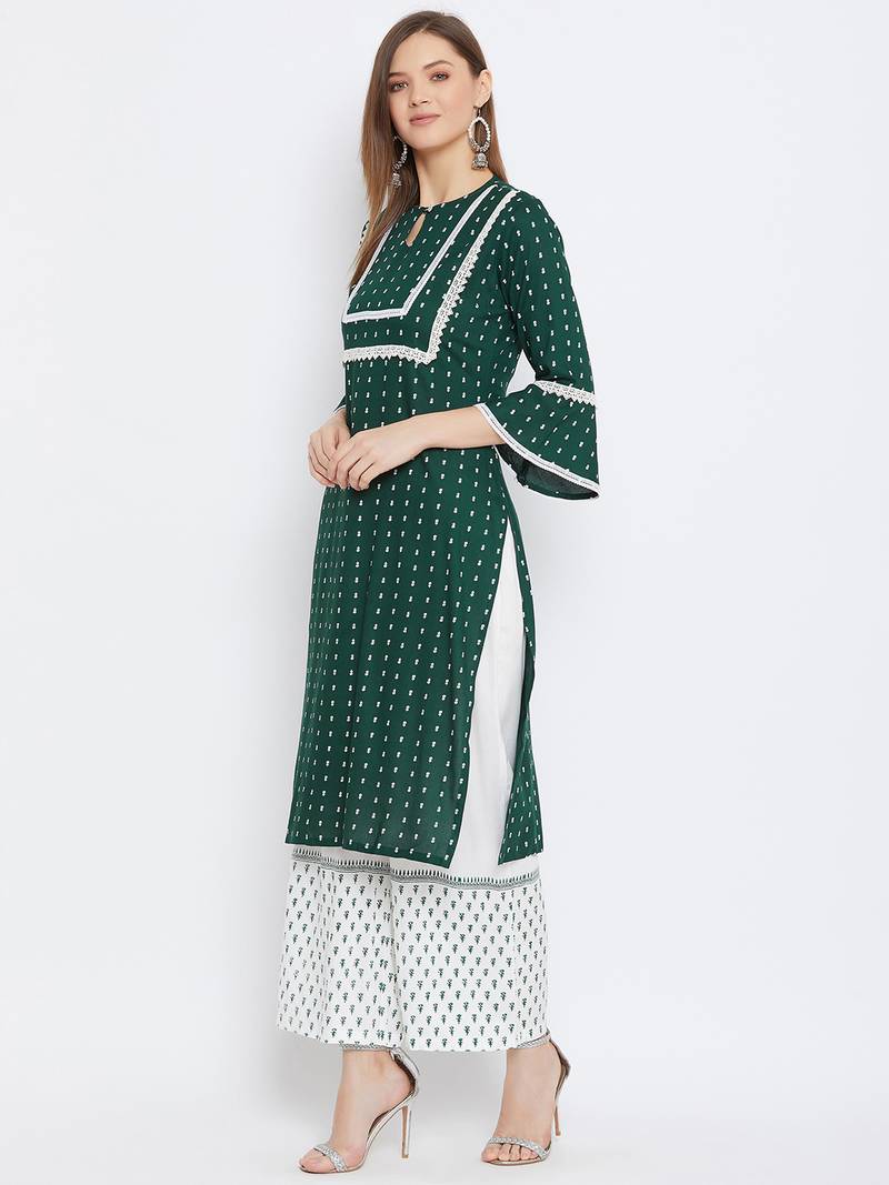 Rayon Printed  3/4th and Flared Sleeves  Calf Length   Kurta with a Pair of Block Printed Rayon Pallazos