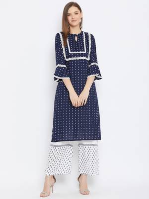 Rayon Printed  3/4th and Flared Sleeves  Calf Length   Kurta with a Pair of Block Printed Rayon Pallazos 1