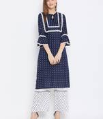 Rayon Printed  3/4th and Flared Sleeves  Calf Length   Kurta with a Pair of Block Printed Rayon Pallazos