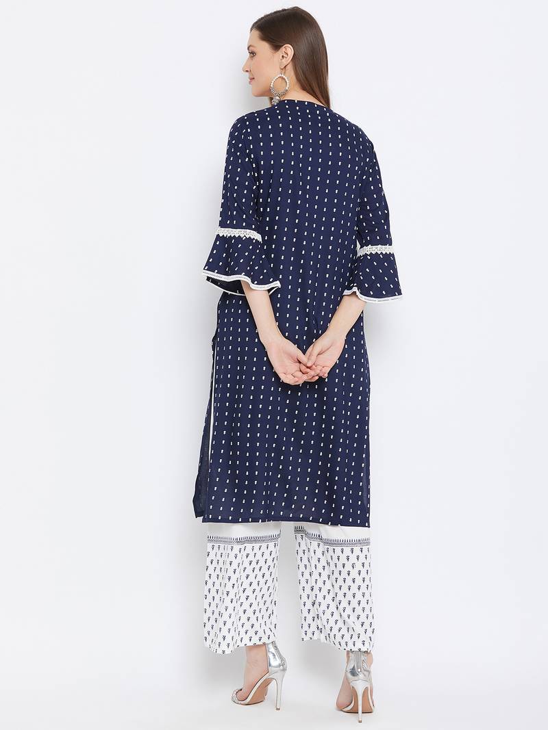 Rayon Printed  3/4th and Flared Sleeves  Calf Length   Kurta with a Pair of Block Printed Rayon Pallazos