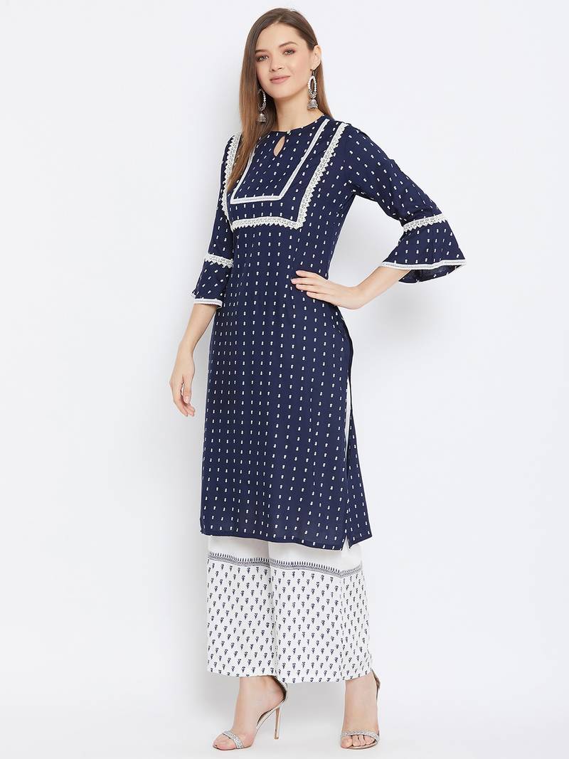Rayon Printed  3/4th and Flared Sleeves  Calf Length   Kurta with a Pair of Block Printed Rayon Pallazos