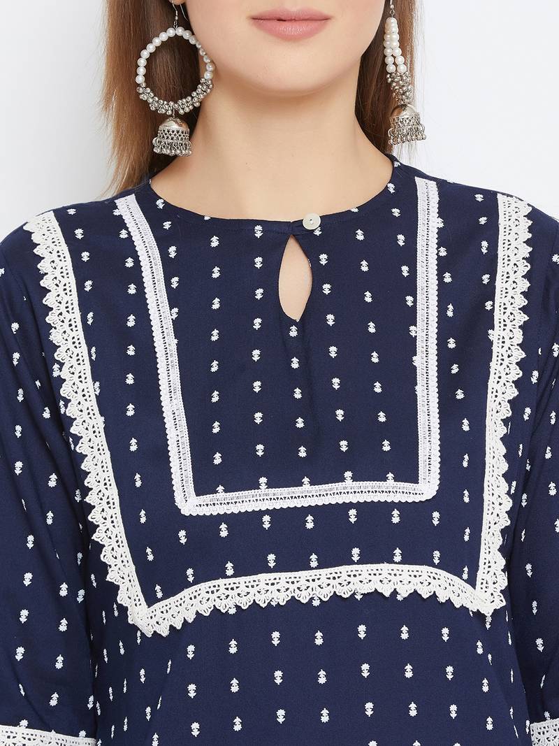 Rayon Printed  3/4th and Flared Sleeves  Calf Length   Kurta with a Pair of Block Printed Rayon Pallazos