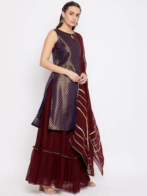 Silk Blend Woven Kurta Skirt and Dupatta Set 3