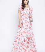 White and Peach Printed Tiered Maxi Dress   Floor Length   Round Neck  Ruffled Sleeves