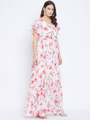 White and Peach Printed Tiered Maxi Dress   Floor Length   Round Neck  Ruffled Sleeves 2