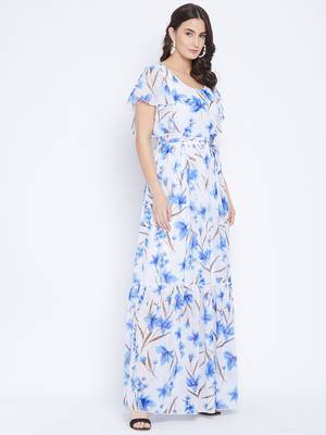 White and Blue Printed Tiered Maxi Dress   Floor Length   Round Neck  Ruffled Sleeves 2