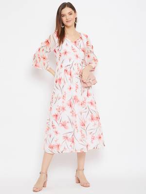 White and Peach Printed A Line Dress   Midi Length   V Neck  Bishop Sleeves 1