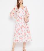 White and Peach Printed A Line Dress   Midi Length   V Neck  Bishop Sleeves