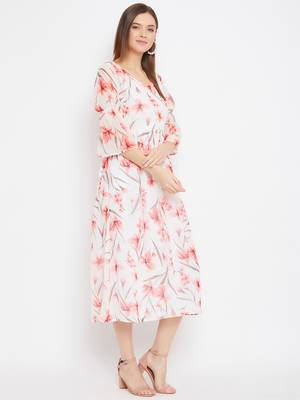 White and Peach Printed A Line Dress   Midi Length   V Neck  Bishop Sleeves 2