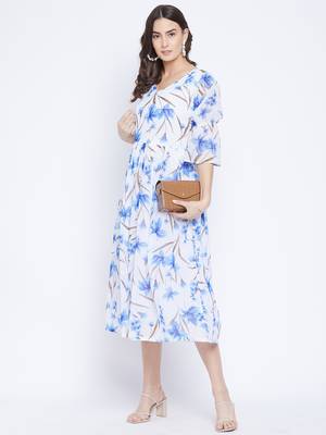 White and Blue Printed A Line Dress   Midi Length   V Neck  Bishop Sleeves 1