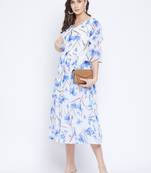 White and Blue Printed A Line Dress   Midi Length   V Neck  Bishop Sleeves