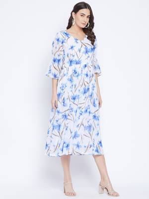 White and Blue Printed A Line Dress   Midi Length   V Neck  Bishop Sleeves 2
